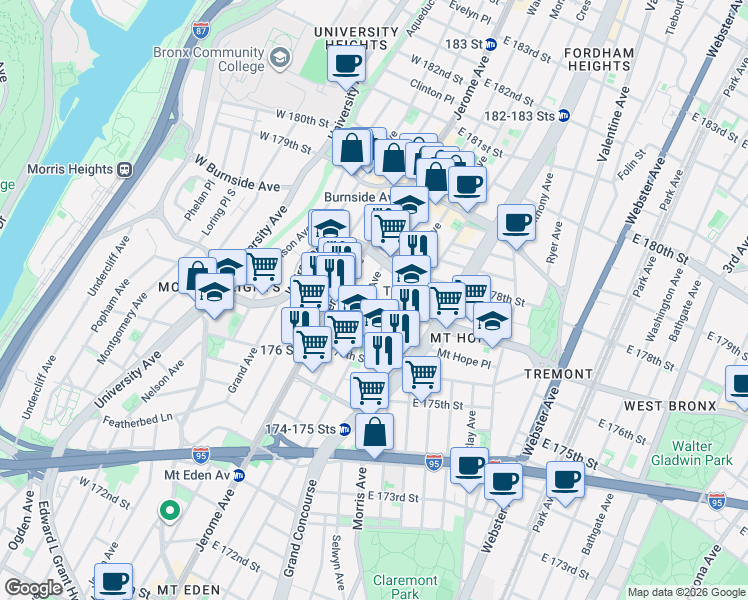 map of restaurants, bars, coffee shops, grocery stores, and more near 1895 Walton Avenue in Bronx