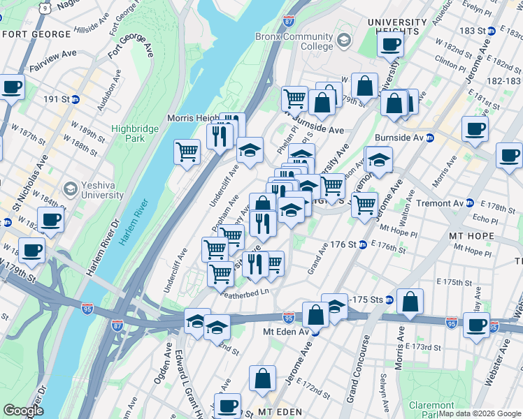 map of restaurants, bars, coffee shops, grocery stores, and more near 121 West 176th Street in The Bronx