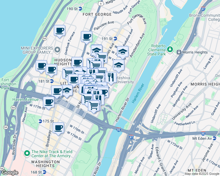 map of restaurants, bars, coffee shops, grocery stores, and more near 501 West 183rd Street in New York