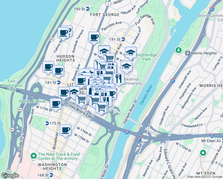 map of restaurants, bars, coffee shops, grocery stores, and more near 501 West 183rd Street in New York