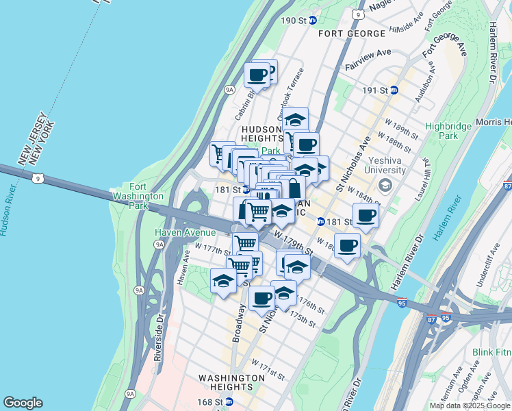 map of restaurants, bars, coffee shops, grocery stores, and more near in New York