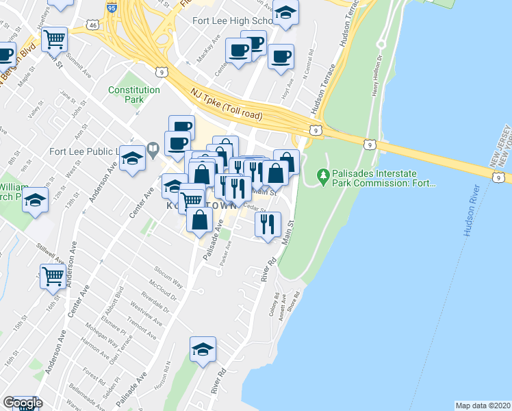 map of restaurants, bars, coffee shops, grocery stores, and more near 1635 Federspiel Street in Fort Lee