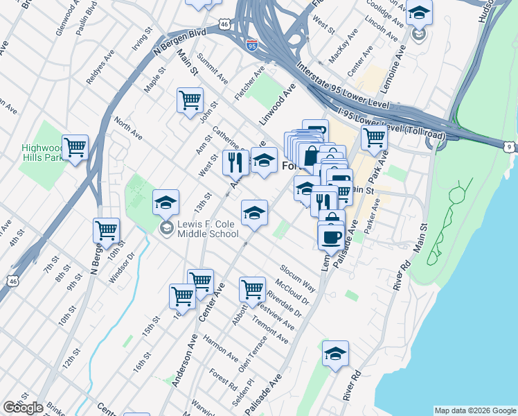 map of restaurants, bars, coffee shops, grocery stores, and more near 325 Tom Hunter Road in Fort Lee