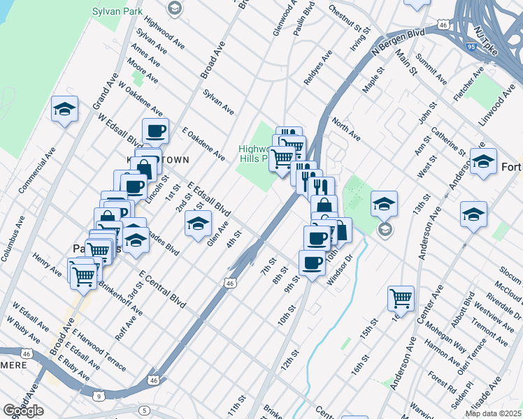 map of restaurants, bars, coffee shops, grocery stores, and more near 500 4th Street in Palisades Park