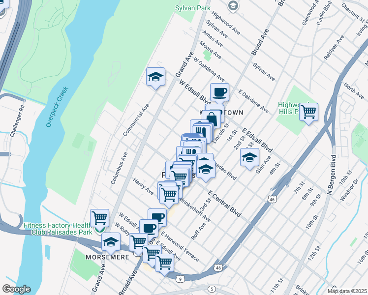 map of restaurants, bars, coffee shops, grocery stores, and more near 316A Highland Avenue in Palisades Park