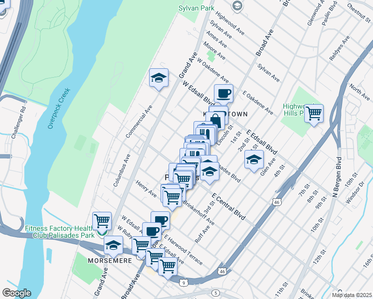 map of restaurants, bars, coffee shops, grocery stores, and more near 316A Highland Avenue in Palisades Park