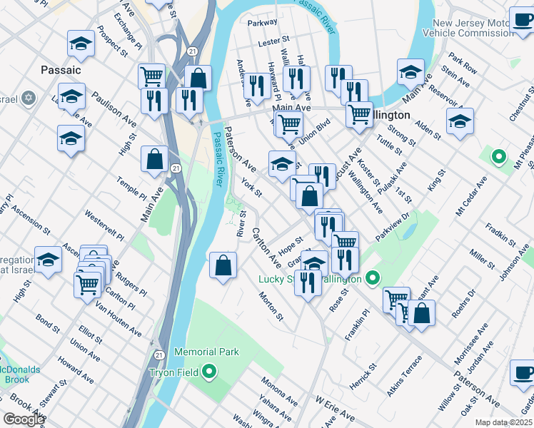 map of restaurants, bars, coffee shops, grocery stores, and more near 82 Union Street in East Rutherford
