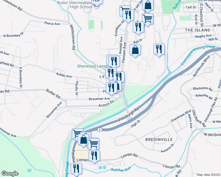 map of restaurants, bars, coffee shops, grocery stores, and more near 17 Chesapeake Street in Lyndora