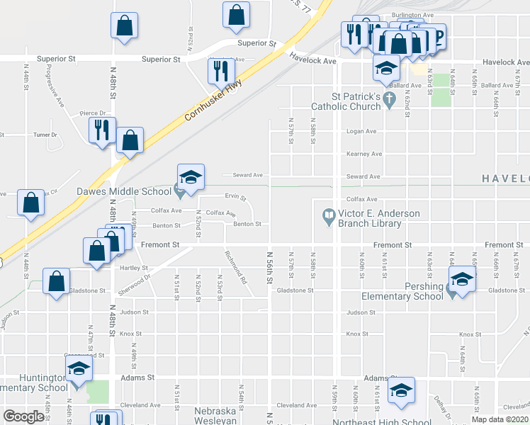 map of restaurants, bars, coffee shops, grocery stores, and more near 5501 Benton Street in Lincoln