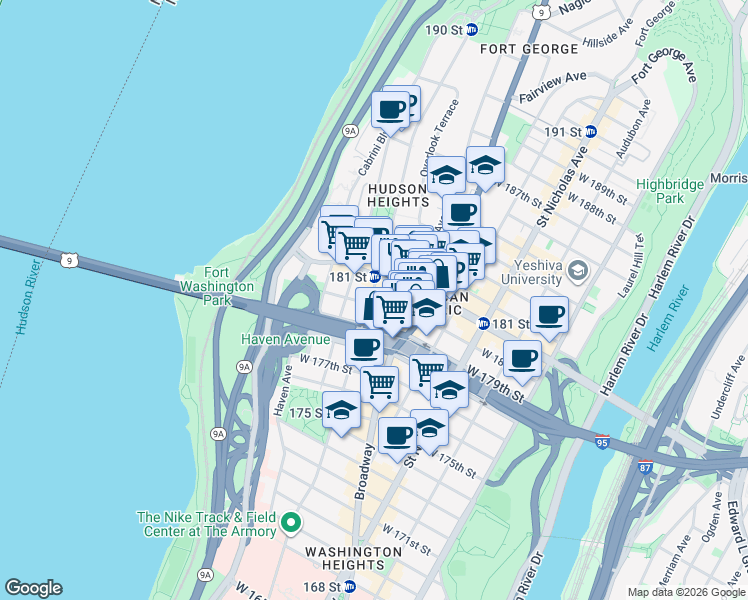 map of restaurants, bars, coffee shops, grocery stores, and more near in New York