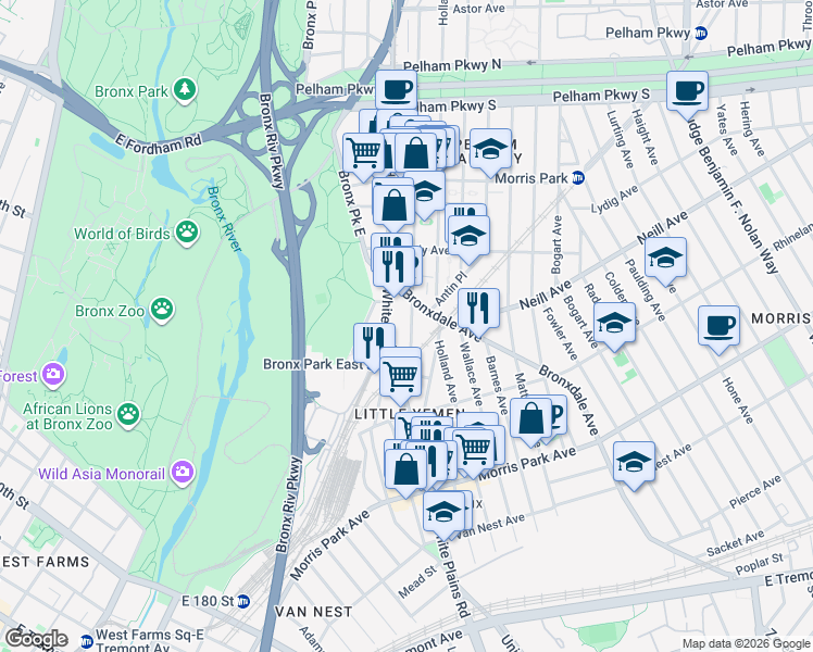 map of restaurants, bars, coffee shops, grocery stores, and more near 1990 White Plains Road in The Bronx