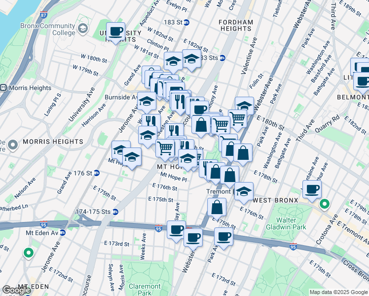 map of restaurants, bars, coffee shops, grocery stores, and more near 220 East 178th Street in Bronx