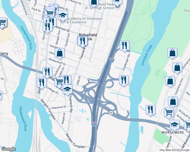 map of restaurants, bars, coffee shops, grocery stores, and more near 205 Brinkerhoff Street in Ridgefield Park
