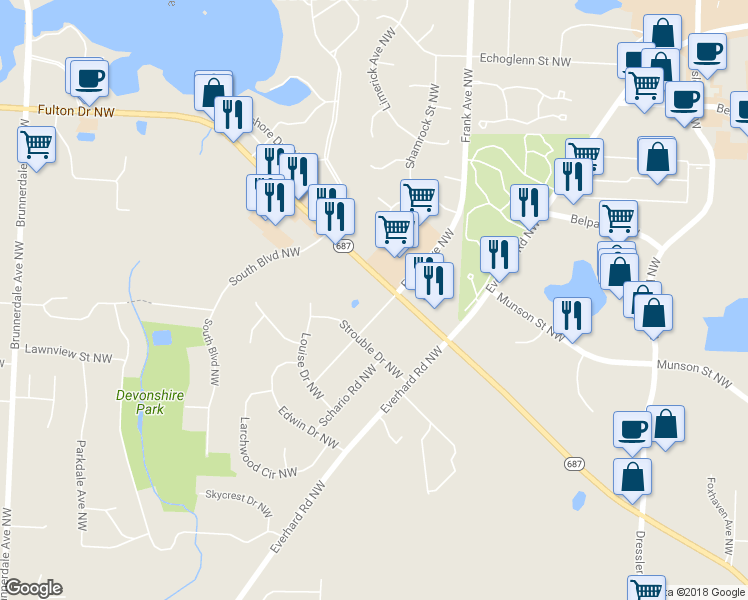 map of restaurants, bars, coffee shops, grocery stores, and more near 5189 Sibila Road Northwest in Canton
