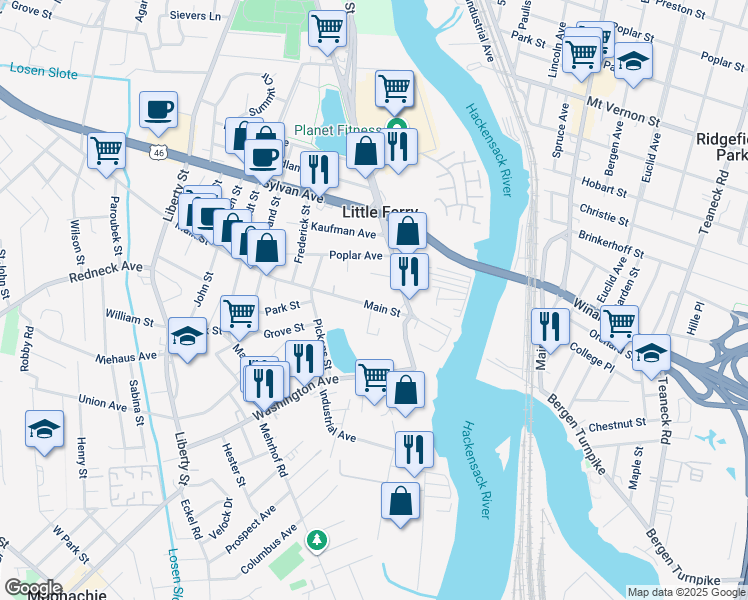 map of restaurants, bars, coffee shops, grocery stores, and more near 25 Main Street in Hackensack
