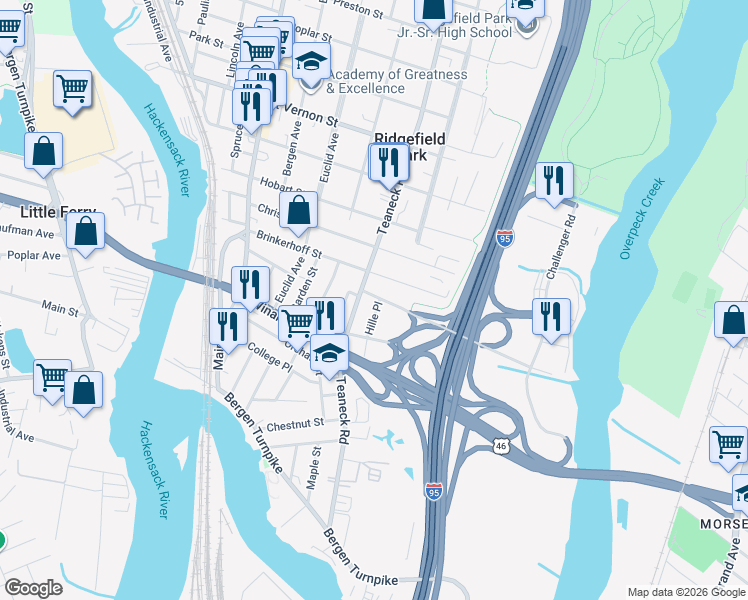 map of restaurants, bars, coffee shops, grocery stores, and more near 49 Hille Place in Ridgefield Park