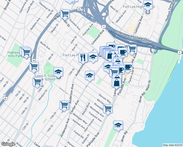 map of restaurants, bars, coffee shops, grocery stores, and more near 325 Tom Hunter Road in Fort Lee