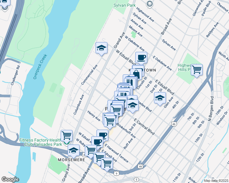 map of restaurants, bars, coffee shops, grocery stores, and more near 316A Highland Avenue in Palisades Park