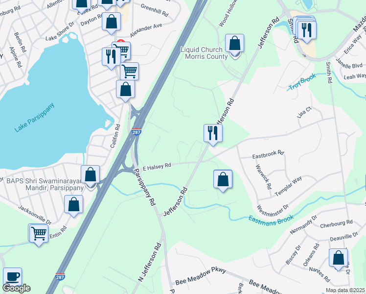 map of restaurants, bars, coffee shops, grocery stores, and more near 90 East Halsey Road in Parsippany-Troy Hills