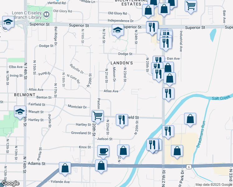 map of restaurants, bars, coffee shops, grocery stores, and more near 2201 Atlas Avenue in Lincoln
