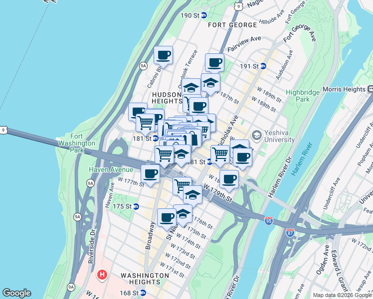 map of restaurants, bars, coffee shops, grocery stores, and more near Broadway & W 181st St in New York