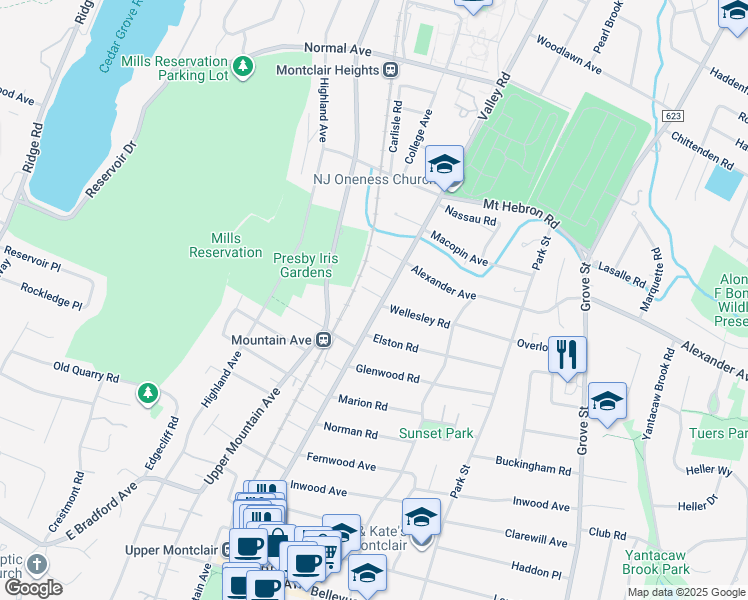 map of restaurants, bars, coffee shops, grocery stores, and more near 50 Belden Place in Montclair