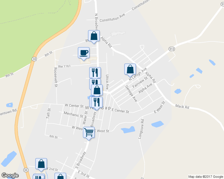 map of restaurants, bars, coffee shops, grocery stores, and more near 124 North Lehigh Avenue in Wind Gap