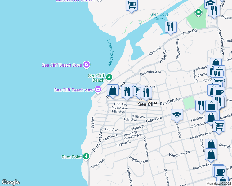 map of restaurants, bars, coffee shops, grocery stores, and more near 42 Fairview Place in Sea Cliff