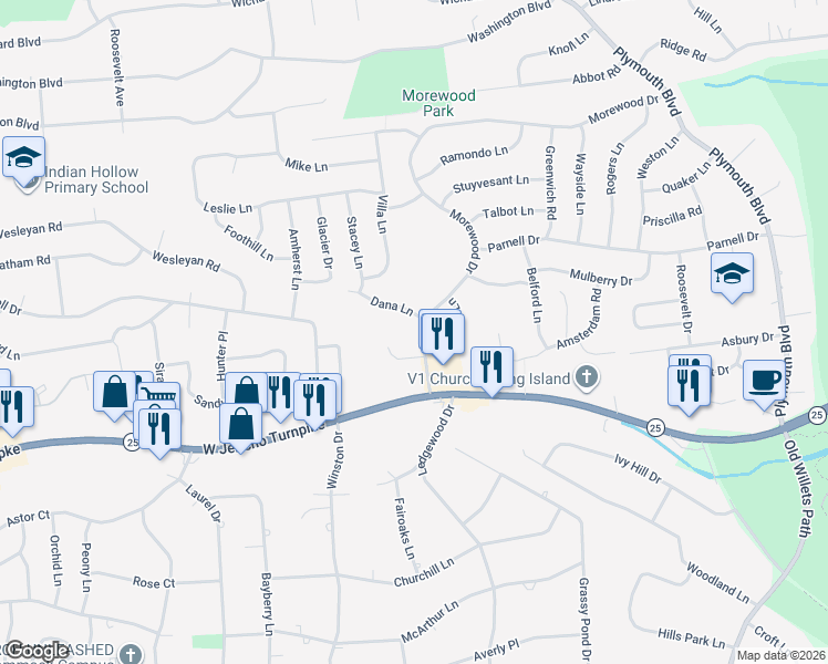 map of restaurants, bars, coffee shops, grocery stores, and more near 10 Morewood Drive in Smithtown
