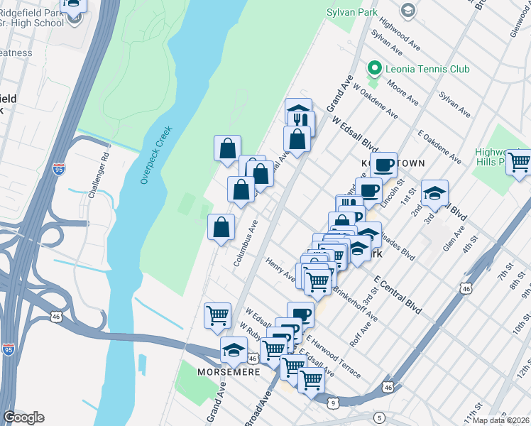 map of restaurants, bars, coffee shops, grocery stores, and more near 239 Grand Avenue in Palisades Park