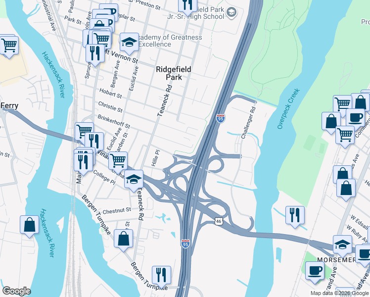 map of restaurants, bars, coffee shops, grocery stores, and more near 205 Brinkerhoff Street in Ridgefield Park