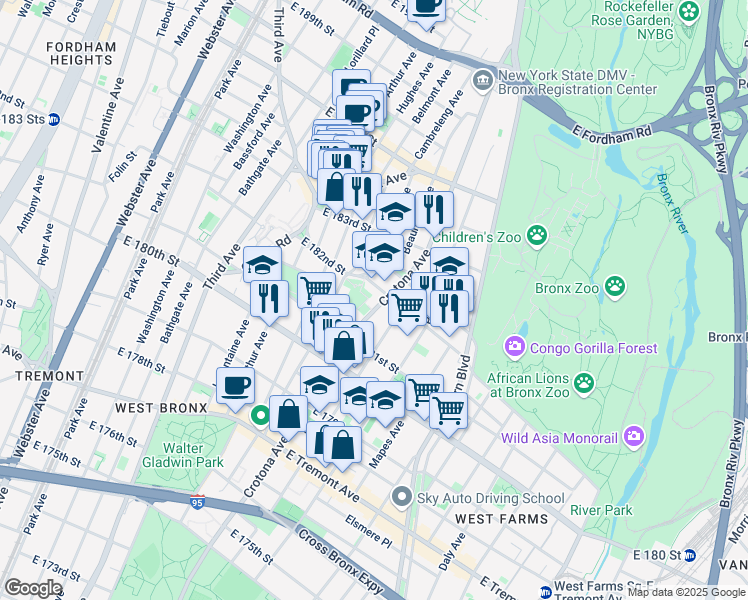 map of restaurants, bars, coffee shops, grocery stores, and more near 2152 Crotona Avenue in Bronx