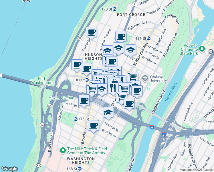 map of restaurants, bars, coffee shops, grocery stores, and more near 661 West 181st Street in New York