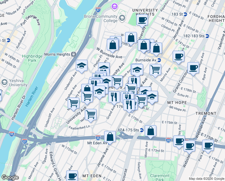 map of restaurants, bars, coffee shops, grocery stores, and more near in The Bronx