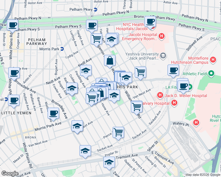 map of restaurants, bars, coffee shops, grocery stores, and more near 1701 Tomlinson Avenue in Bronx