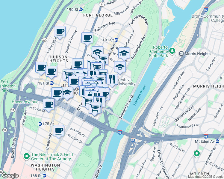map of restaurants, bars, coffee shops, grocery stores, and more near 501 West 183rd Street in New York