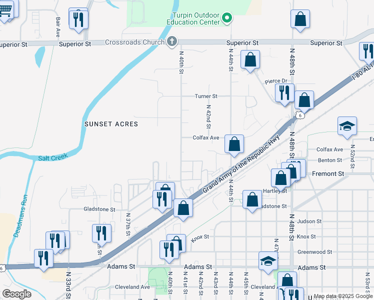 map of restaurants, bars, coffee shops, grocery stores, and more near 3728 N 40th St in Lincoln