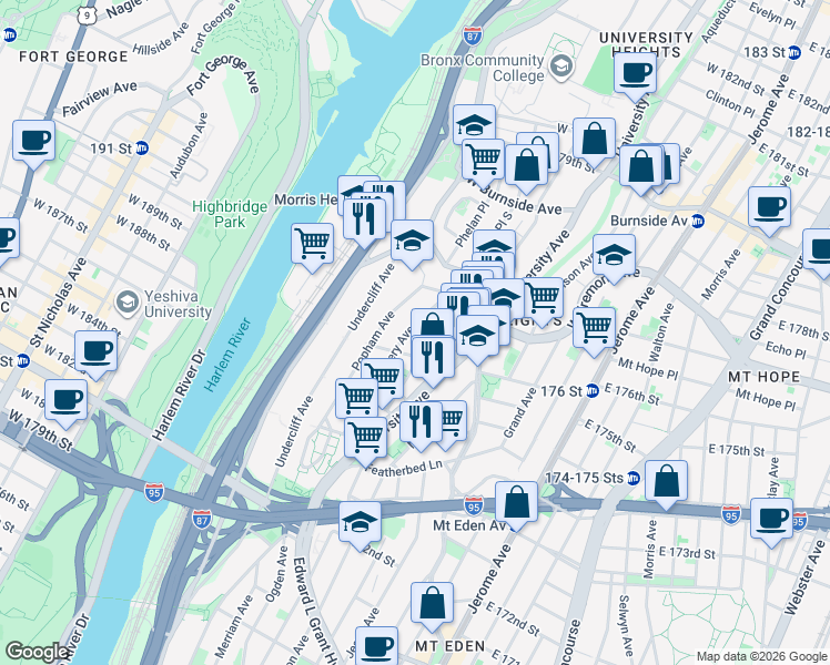 map of restaurants, bars, coffee shops, grocery stores, and more near 121 West 176th Street in The Bronx