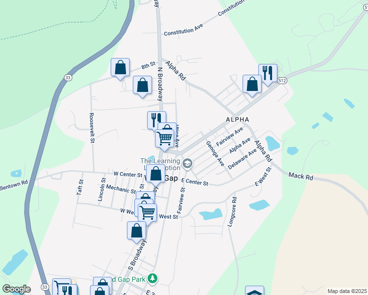 map of restaurants, bars, coffee shops, grocery stores, and more near 124 North Lehigh Avenue in Wind Gap