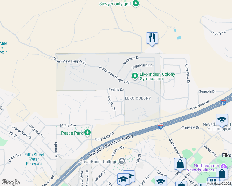 map of restaurants, bars, coffee shops, grocery stores, and more near 1301 Parkview Drive in Elko
