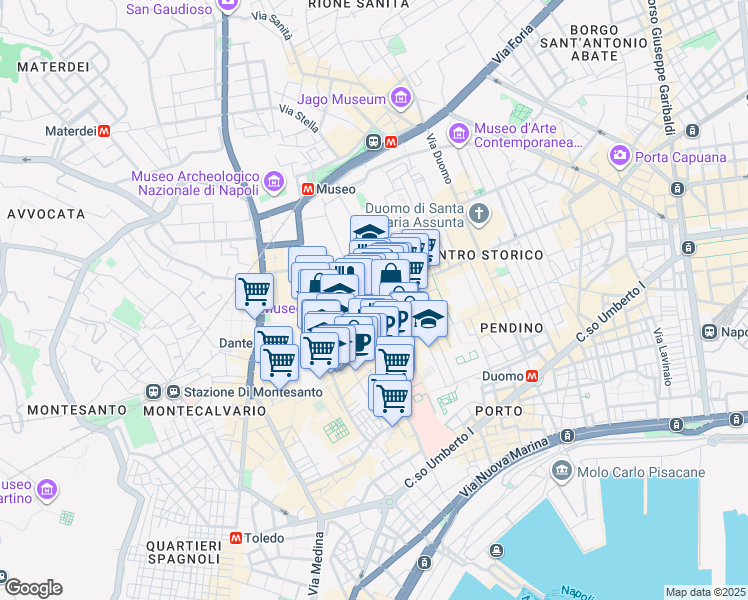 map of restaurants, bars, coffee shops, grocery stores, and more near 394 Piazza Luigi Miraglia in Napoli