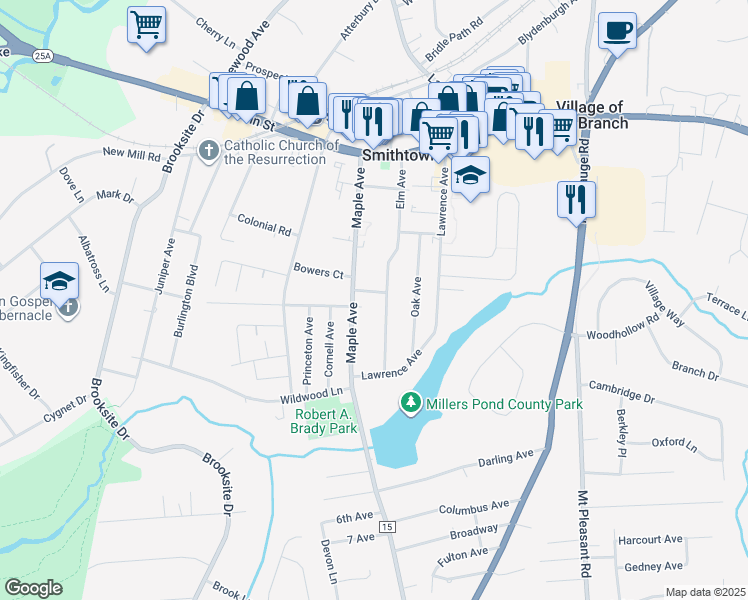 map of restaurants, bars, coffee shops, grocery stores, and more near 153 Maple Avenue in Smithtown