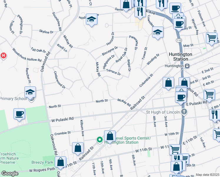 map of restaurants, bars, coffee shops, grocery stores, and more near 170 McKay Road in Huntington Station