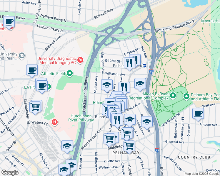 map of restaurants, bars, coffee shops, grocery stores, and more near 1900 Pilgrim Avenue in Bronx
