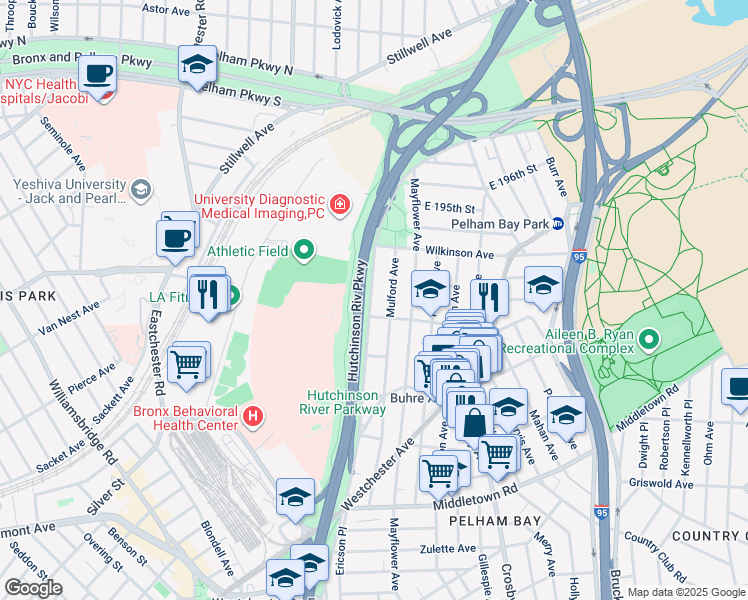 map of restaurants, bars, coffee shops, grocery stores, and more near 1878 Hutchinson River Parkway in Bronx