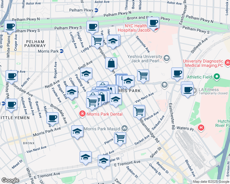 map of restaurants, bars, coffee shops, grocery stores, and more near 1701 Tomlinson Avenue in Bronx