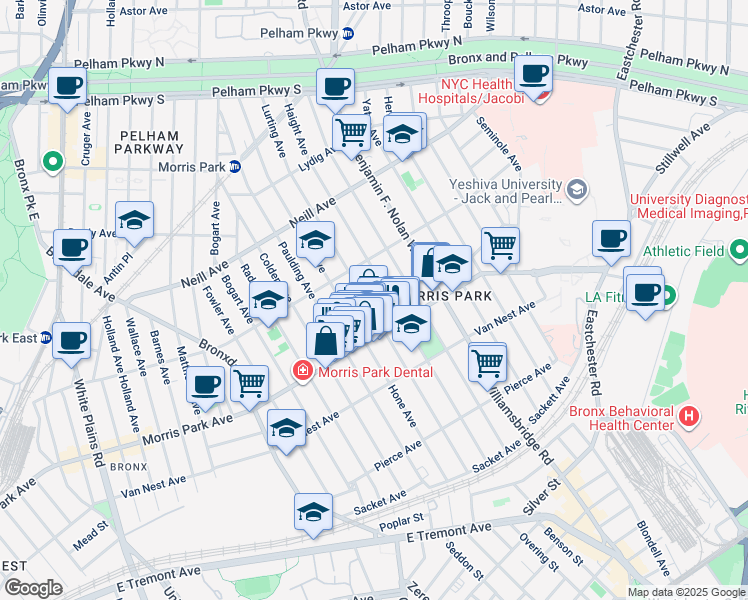 map of restaurants, bars, coffee shops, grocery stores, and more near 1808 Lurting Avenue in Bronx
