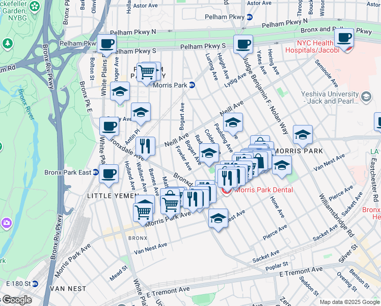 map of restaurants, bars, coffee shops, grocery stores, and more near 933 Rhinelander Avenue in Bronx