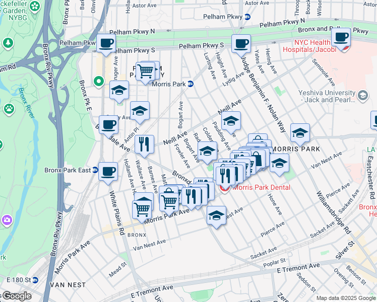 map of restaurants, bars, coffee shops, grocery stores, and more near 933 Rhinelander Avenue in Bronx