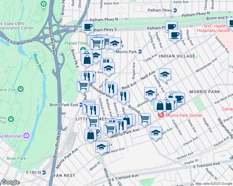 map of restaurants, bars, coffee shops, grocery stores, and more near 1952 Bronxdale Avenue in Bronx